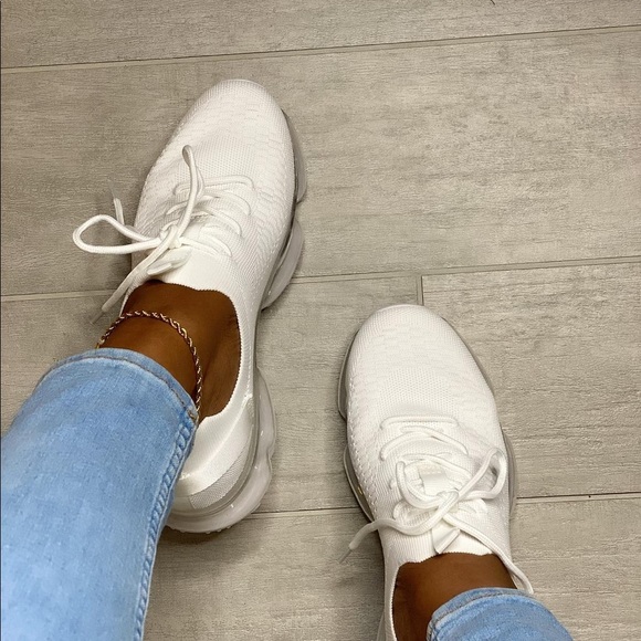 White Bubble Air Cushion Lace-Up Knitted Sneakers - Picture 3 of 3